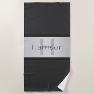 Your Name & Monogram   Greys & Faux Silver Look Beach Towel