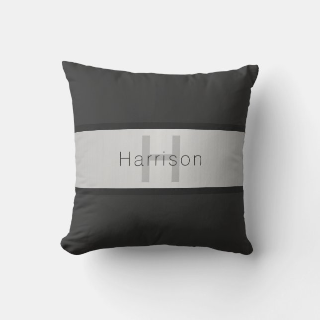 Your Name & Monogram | Greys & Faux Silver Look Cushion (Front)