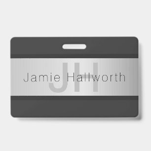 Your Name & Monogram Greys & Faux Silver Look ID Badge