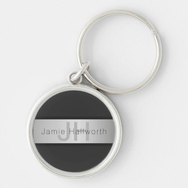 Your Name & Monogram | Greys & Faux Silver Look Key Ring (Front)