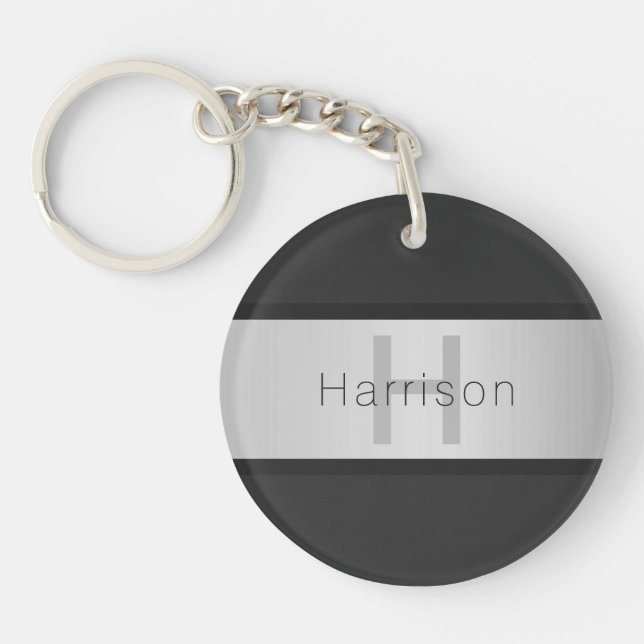 Your Name & Monogram | Greys & Faux Silver Look Key Ring (Front)