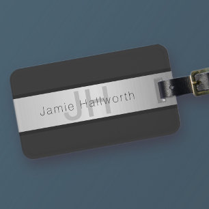 Your Name & Monogram Greys & Faux Silver Look Luggage Tag