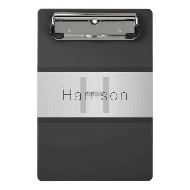 Your Name & Monogram | Greys & Faux Silver Look Mini Clipboard (Front)