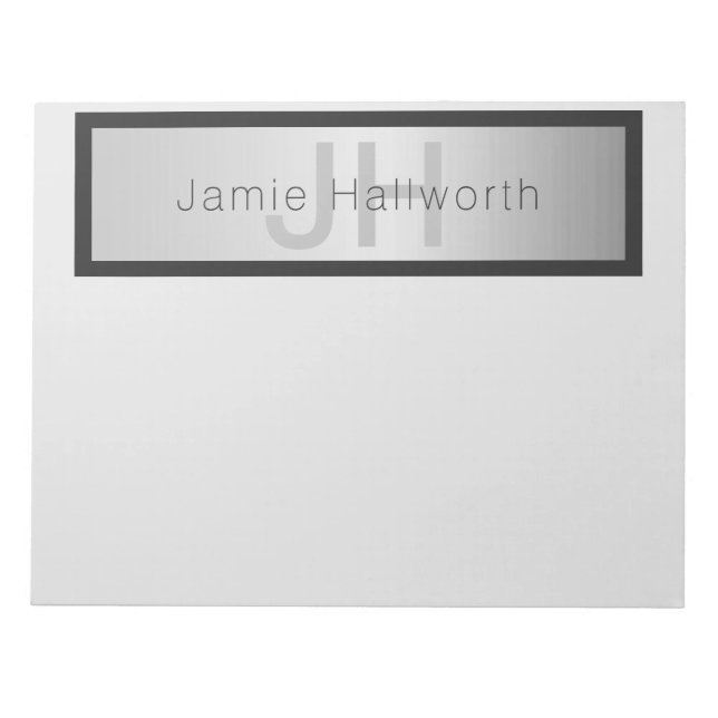 Your Name & Monogram | Greys & Faux Silver Look Notepad (Front)