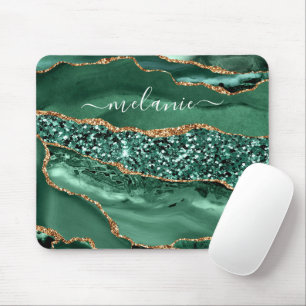 Your Name Mouse Pad Gift Agate Green Gold Glitter