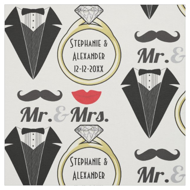 Your Name Mr Mrs Lips Moustache Ring Tuxedo Fabric (Swatch)