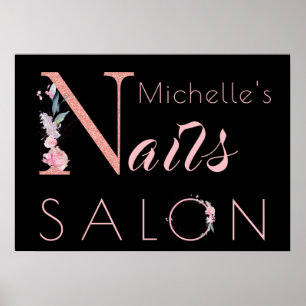 Your name nails salon floral glitter pink black poster