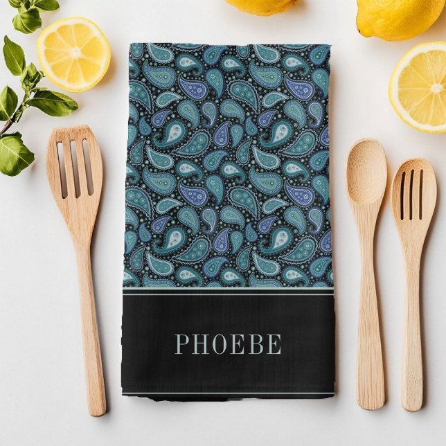 Your Name On Eleagant Retro Blue Paisley Pattern Tea Towel (Your Name On Eleagant Retro Blue Paisley Pattern Kitchen Towel)