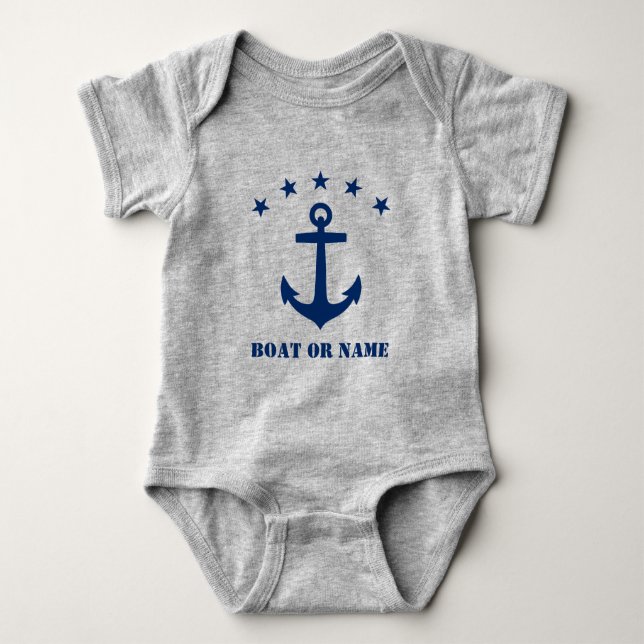 Your Name or Boat Name Classic Anchor Blue & Grey Baby Bodysuit (Front)