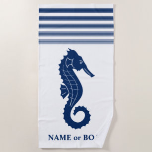 Your Name or Boat Name Seahorse Blue White Striped Beach Towel