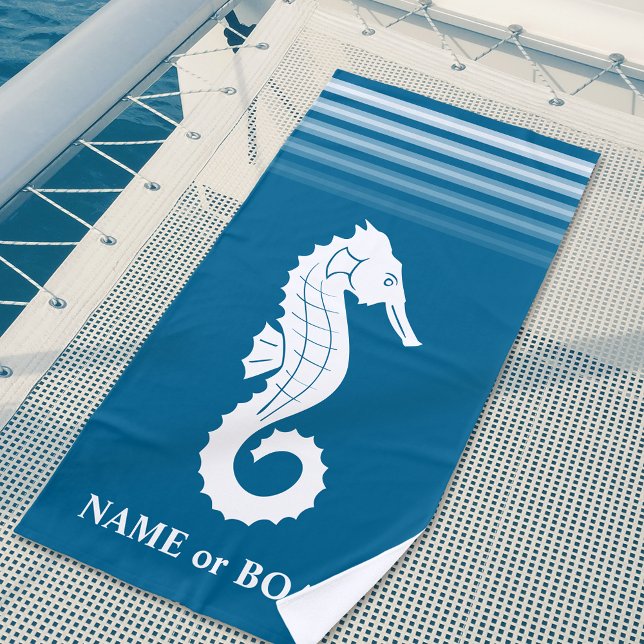 Your Name or Boat Seahorse Aqua Blue White Stripes Beach Towel (Creator Uploaded)