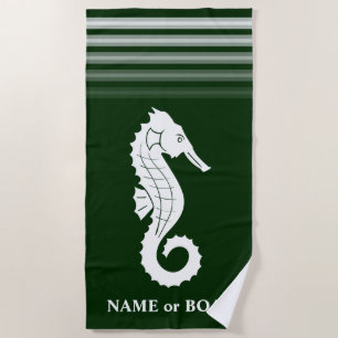 Your Name or Boat Seahorse Forest Green White Beach Towel