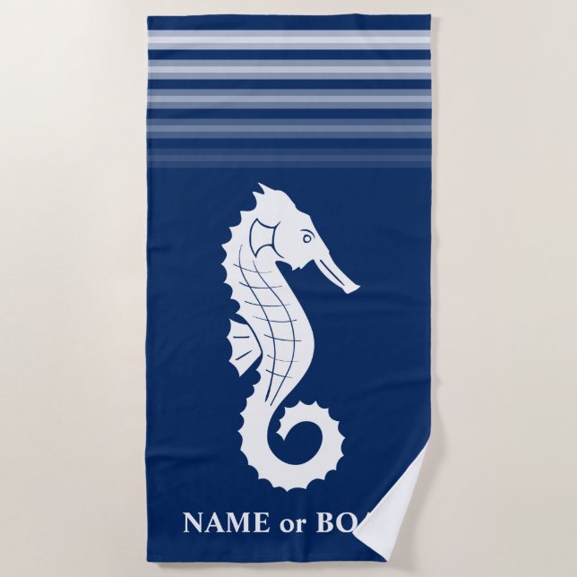 Your Name or Boat Seahorse Navy Blue White Stripe Beach Towel (Front)