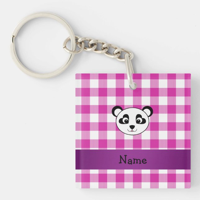 Your name panda bear head pink gingham checkers key ring (Front)