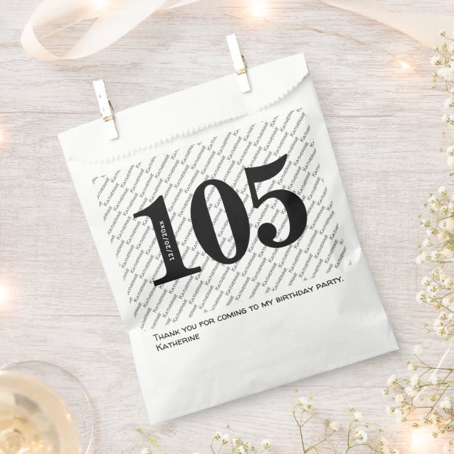 Your Name Pattern Bold Black Age 105 Number Date Favour Bags (Clipped)