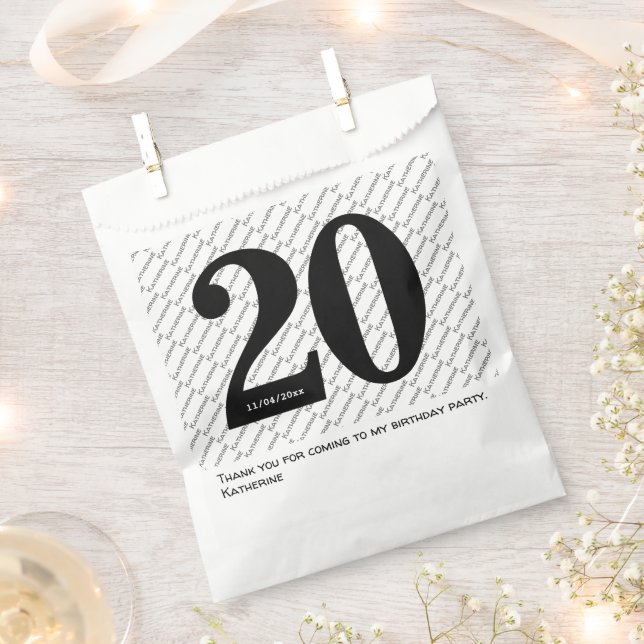Your Name Pattern Bold Black Age 20 Number Date Favour Bags (Clipped)
