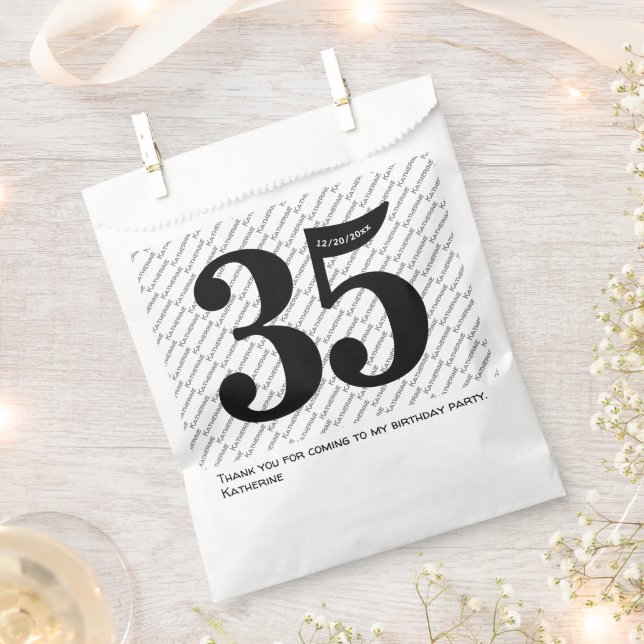 Your Name Pattern Bold Black Age 35 Number Date Favour Bags (Clipped)