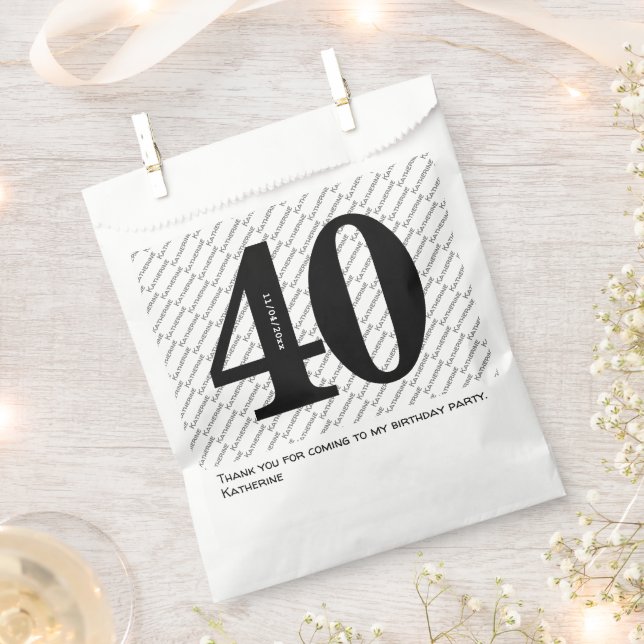 Your Name Pattern Bold Black Age 40 Number Date Favour Bags (Clipped)