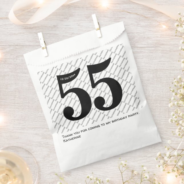 Your Name Pattern Bold Black Age 55 Number Date Favour Bags (Clipped)