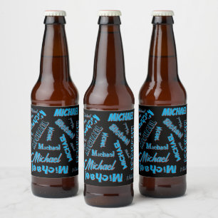 Your name pattern monogram blue red black colour beer bottle label