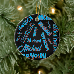 Your name pattern monogram blue red black colour ceramic tree decoration