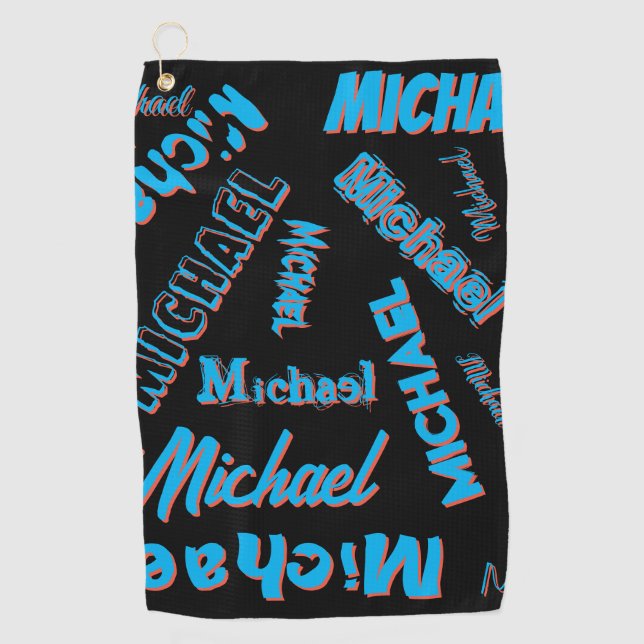 Your name pattern monogram blue red black colour golf towel (Front)