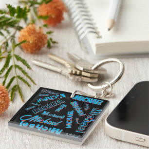 Your name pattern monogram blue red black colour key ring