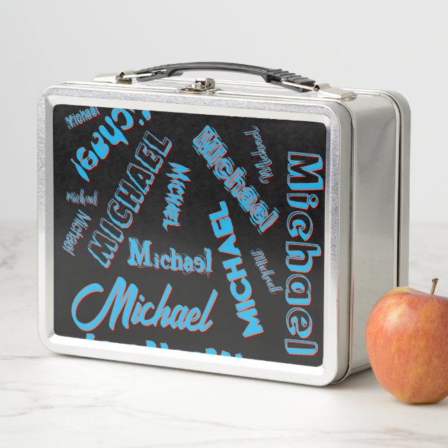 Your name pattern monogram blue red black colour metal lunch box (In Situ)