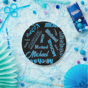Your name pattern monogram blue red black colour paper plate