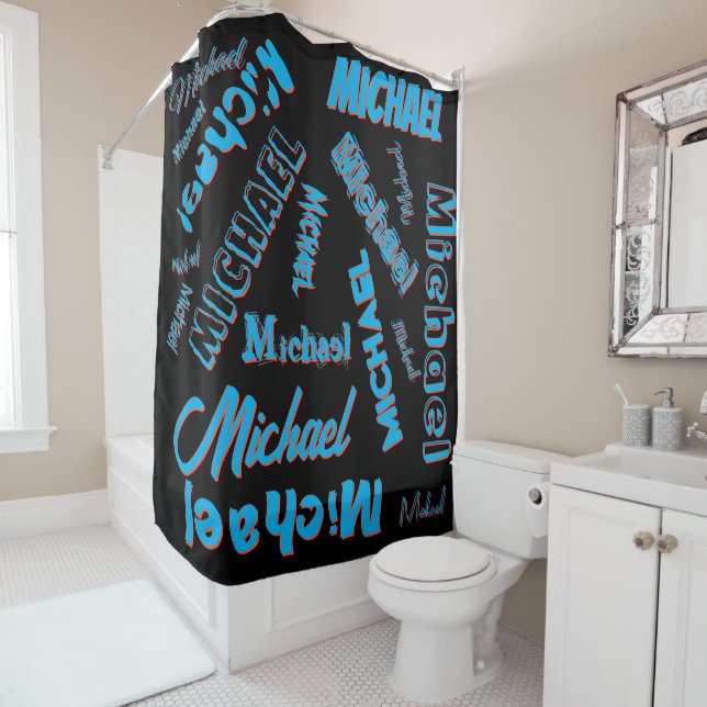 Your name pattern monogram blue red black colour shower curtain (In Situ)