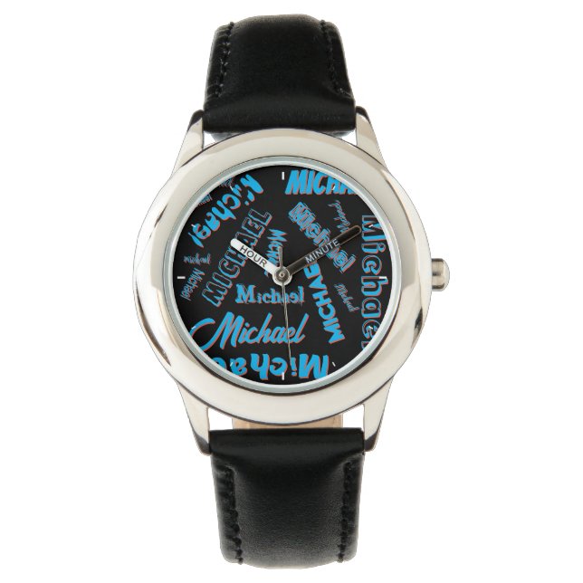 Your name pattern monogram blue red black colour watch (Front)