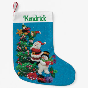 Your Name Personalise Fun Santa Snowman Blue Green Small Christmas Stocking