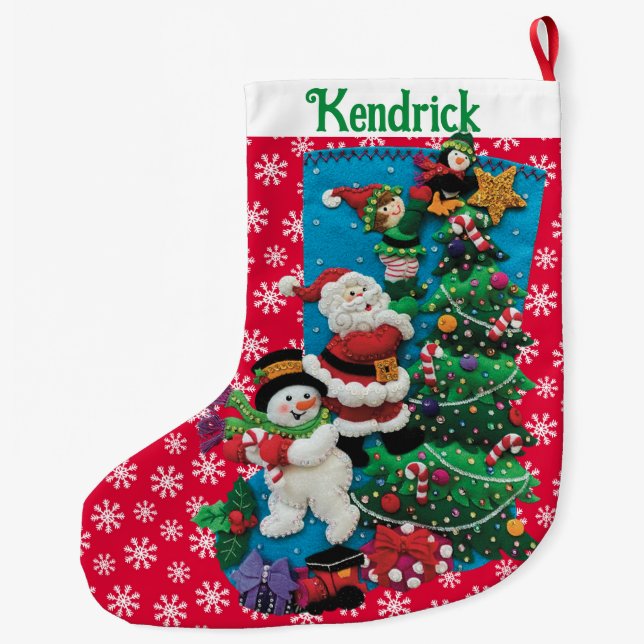 Your Name Personalise Fun Santa Snowman Red Green  Large Christmas Stocking (Back)