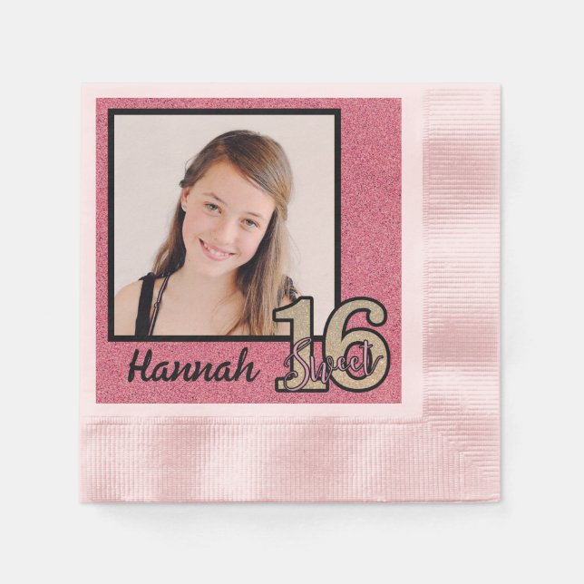 Your Name & Photo Sweet 16 with Pink Glitter Napkin (Front)