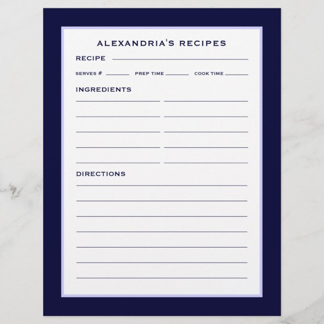 Your Name + Recipes Page | Simple Navy & White (Front)