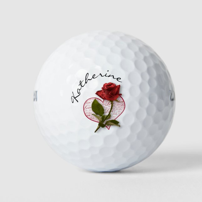 Your Name Red Rose & Stem Floral Photography Golf Balls (Front)