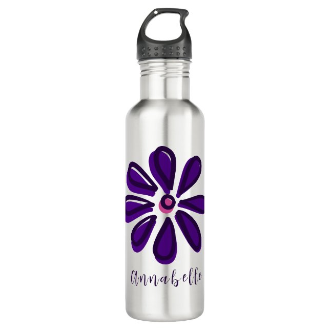 Your Name Script Font Dark Purple Flower Doodle  710 Ml Water Bottle (Front)