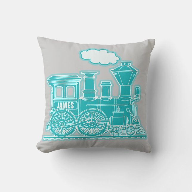 Your name steam train loco aqua grey throw pillow (Front)