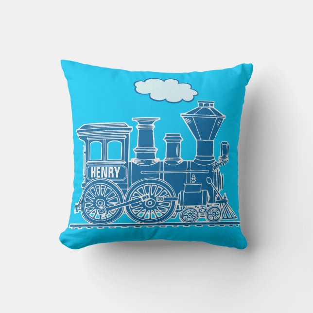Your name steam train loco blue throw pillow (Front)