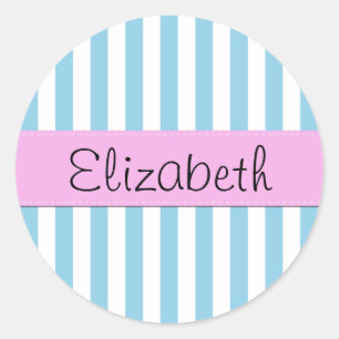 Your Name - Stripes, Parallel Lines - Blue White Classic Round Sticker