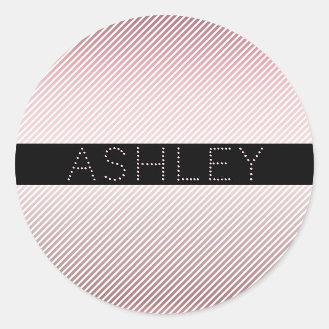 Your Name | Thin Rose Ombre & White Stripes Classic Round Sticker (Front)
