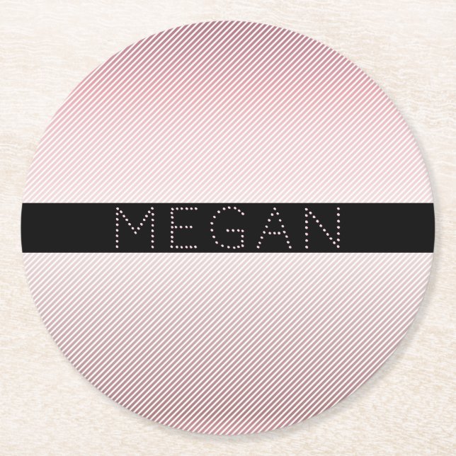 Your Name | Thin Rose Ombre & White Stripes Round Paper Coaster (Front)