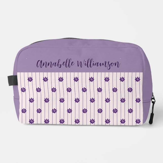 Your Name Violet & Blush Stripes Purple Blooms Dopp Kit (Front)