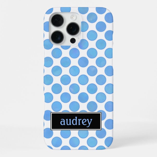Your Name Watercolor Blue Polka Dot Pattern iPhone Case (Back)