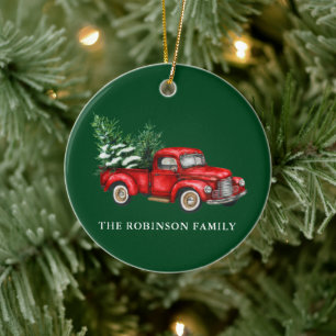 Your Name Watercolor Vintage Red Truck Trees Green Ceramic Tree Decoration