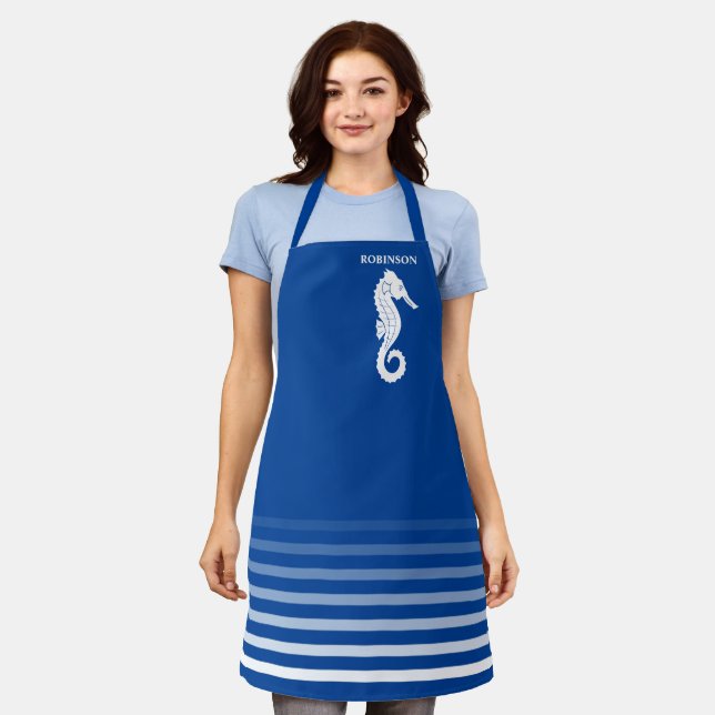 Your Name with Seahorse Navy Blue White Stripe Apron (Worn)