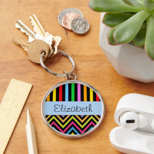 Your Name - Zigzag Pattern, Chevron - Green Blue Key Ring
