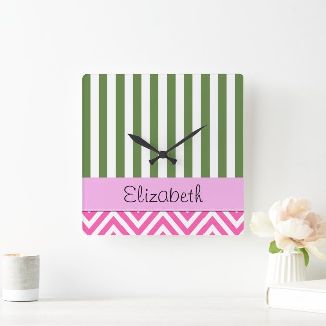 Your Name - Zigzag Pattern, Chevron - White Pink Square Wall Clock (Home)