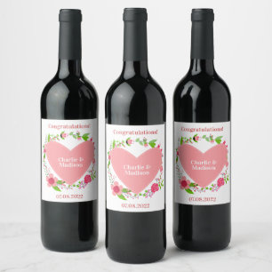 Your Names & Custom Text  in a Flowery Heart Wine Label