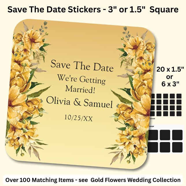 Your Names, Save The Date, Golden Yellow Flowers Square Sticker (Creator Uploaded)